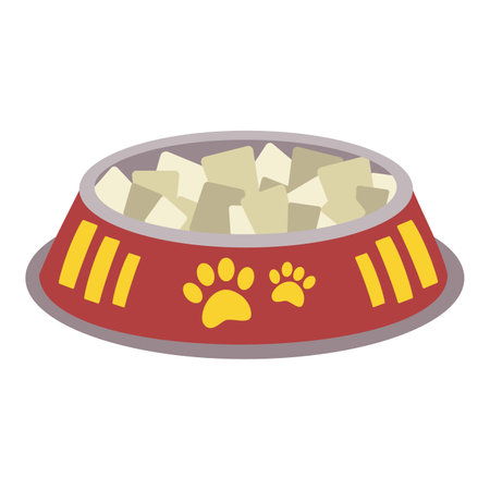 A bowl with food for animals, cats, dogs with a label with paws. Flat vector illustration isolated on white background.のイラスト素材