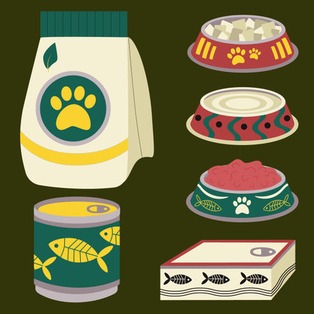A set of elements for animals, cats, dogs, food, canned food, fish, a plate with feed. Flat vector illustration.のイラスト素材
