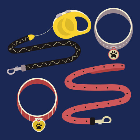 A set of elements for animals, cats, dogs, leashes, collars with medallions. Flat vector illustration.のイラスト素材