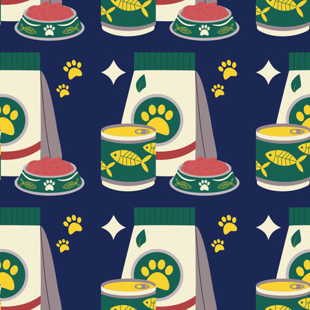 Pattern with a set of food for animals, cats, dogs, food bowl, paws, pet care. Flat vector illustration.のイラスト素材
