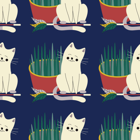 Grass pattern for animals, cats, dogs, toy with feathers on a stick, pet care. Flat vector illustration.のイラスト素材