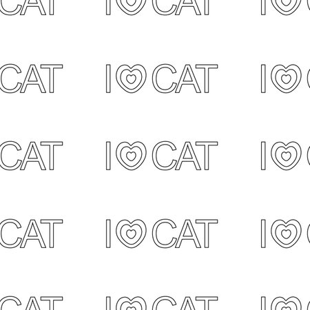 Pattern with text, lettering I love cat with hearts. line art. Vector illustration isolated on white background.のイラスト素材