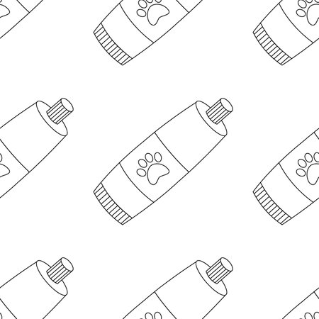 Pattern with paste in a tube for animals, cats, with a label with a paw. line art. Vector illustration isolated on white background.のイラスト素材