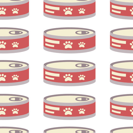 Pattern with can for animals, cats, round tin can with paw label. Flat vector illustration isolated on white background.のイラスト素材