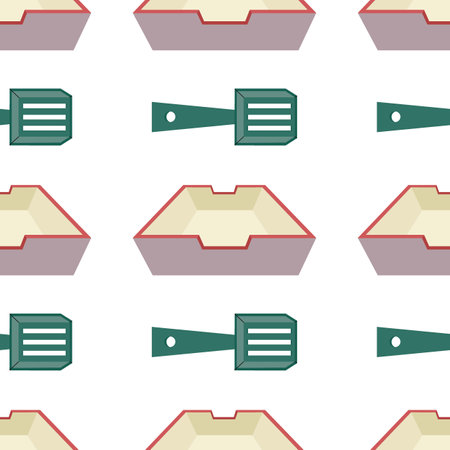 Pattern with a set of elements for animals, cats, dogs, a cat litter, toilet, a shovel for cleaning. Flat vector illustration.のイラスト素材