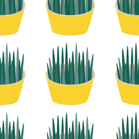 Pattern with grass in a pot for animals, cats, dogs, animal care. Flat vector illustration isolated on white background.のイラスト素材