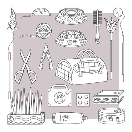 Set of elements for animals, cats, dogs. pet care. line art. Flat vector illustration isolated on white background.のイラスト素材