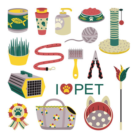 Set of elements for animals, cats, dogs. pet care. Flat vector illustration isolated on white background.のイラスト素材