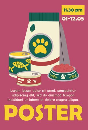 Poster, banner template design with canned food, a plate with fodder and text. Typography. Labels, cover, printing on T-shirts, painting. vector illustration.のイラスト素材