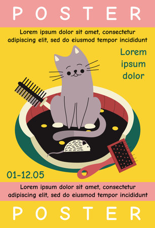 Poster, banner template design with cats, pillow for pets, toy mouse, combs and text. Typography. Labels, cover, printing on T-shirts, painting. vector illustration.のイラスト素材