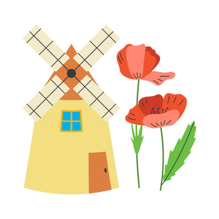 Mill, poppy flowers. Ukrainian symbols. Flat vector illustration isolated on white background.のイラスト素材