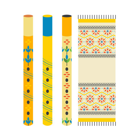 Music Instruments. Pipes with an ornament. Towel with embroidery. Ukrainian symbols. Flat vector illustration isolated on white background.のイラスト素材