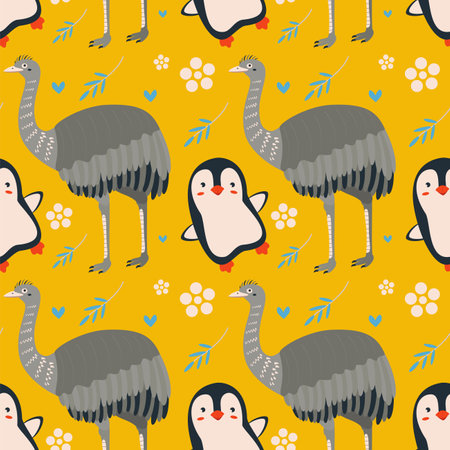 Pattern with penguin, rhea bird. Flat vector illustration.のイラスト素材