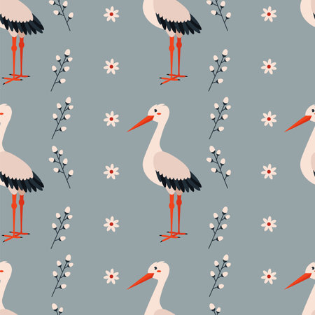 Pattern with stork bird. Flat vector illustration.のイラスト素材