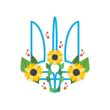 Coat of arms of Ukraine with sunflowers. Ukrainian symbols. Vector flat illustration isolated on white background.のイラスト素材