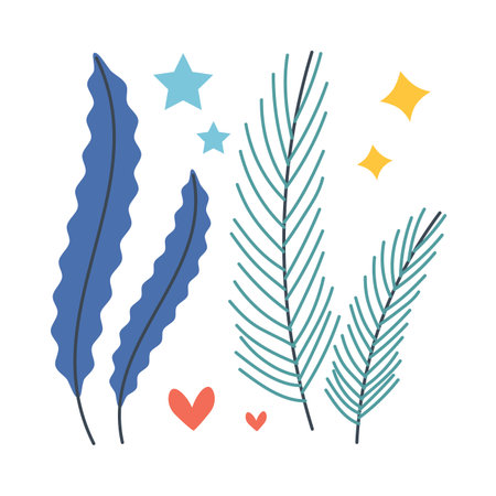 Set of marine elements of seaweed in flat cartoon style. Vector illustration isolated on white background.のイラスト素材