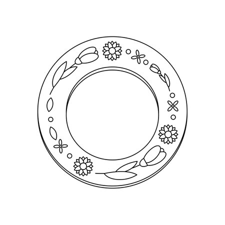 A plate with floral patterns, tableware. Ukrainian symbols. line art. Vector illustration isolated on white background.のイラスト素材