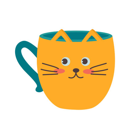 Dishes. A yellow mug in the shape of a cute cat. Flat vector illustration isolated on white background.のイラスト素材