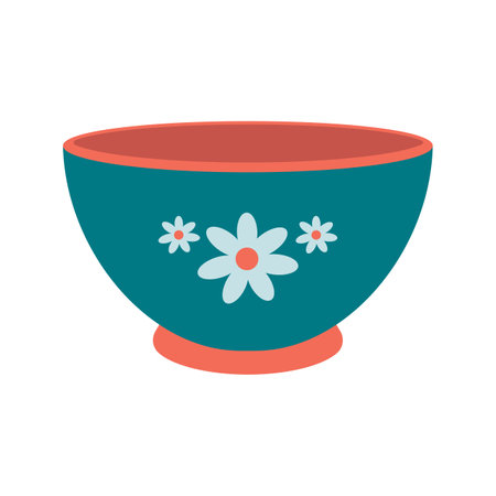 Dishes. A deep bowl for salad with a floral ornament. Flat vector illustration isolated on white background.のイラスト素材
