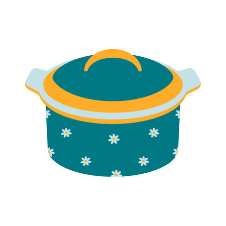 Dishes. A green pot with a lid and a floral ornament. Flat vector illustration isolated on white background.のイラスト素材