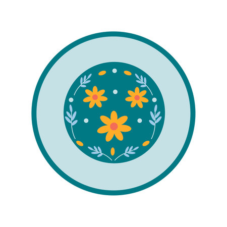 Dishes. A plate with a floral ornament. Flat vector illustration isolated on white background.のイラスト素材