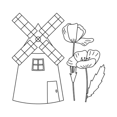 Mill, poppy flowers. Ukrainian symbols. line art. Vector illustration isolated on white background.のイラスト素材