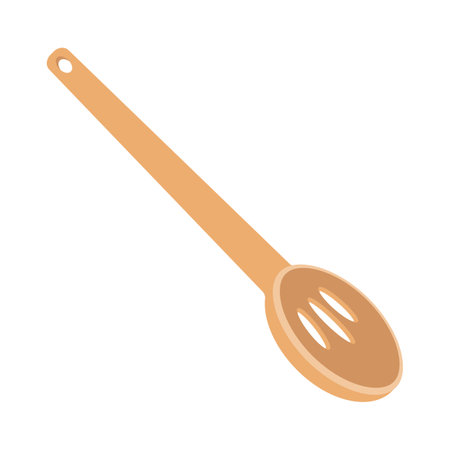 Dishes. A large wooden spoon with holes, a ladle. Flat vector illustration isolated on white background.のイラスト素材