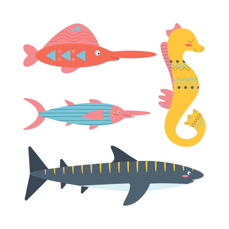 Set of marine elements swordfish, shark, seahorse in flat cartoon style. Vector illustration isolated on white background.のイラスト素材