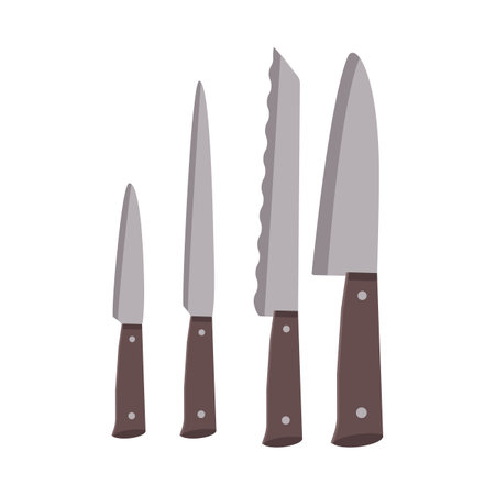 Dishes. A set of kitchen knives. Flat vector illustration isolated on white background.のイラスト素材