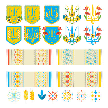 A set of elements of a coat of arms, a flag, embroidered towels, an ornament. Ukrainian symbols. vector illustration.のイラスト素材
