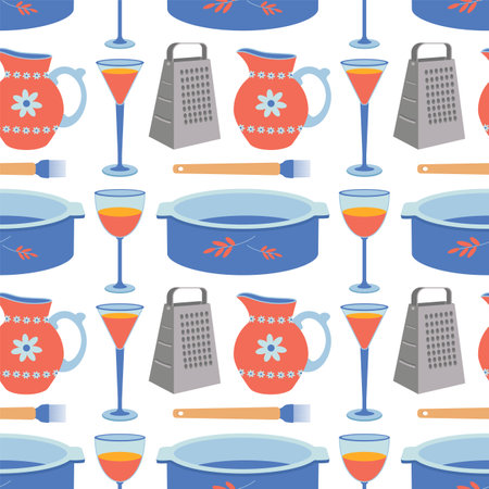 Pattern of kitchen utensils, pan, pitcher, bowl, baking dish, wine glasses, grater. Flat vector illustration.のイラスト素材