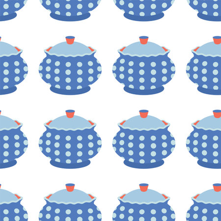 Pattern of kitchen utensils, mug, sugar bowl. Flat vector illustration.のイラスト素材
