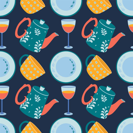 Pattern of kitchen utensils, kettle, mug, plate, bowl. Flat vector illustration.のイラスト素材