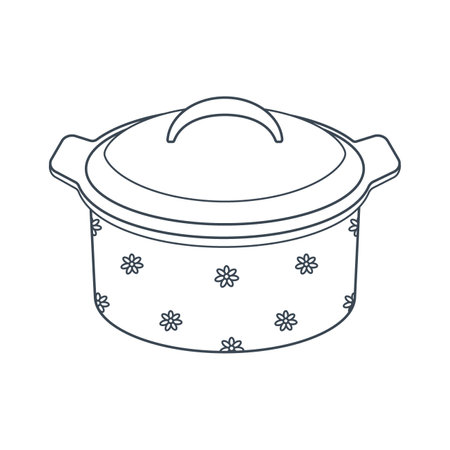 Dishes. A pot with a lid and a floral ornament. line art. Vector illustration isolated on white background.のイラスト素材