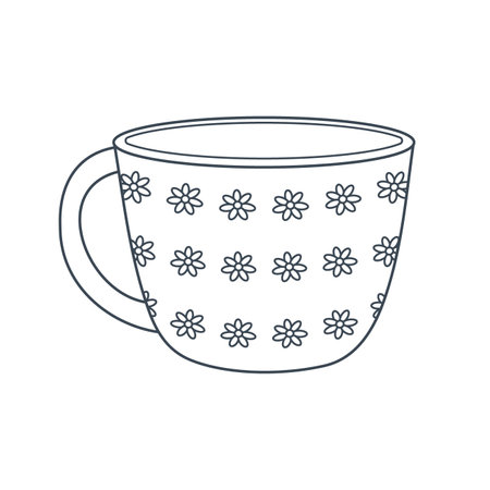 Dishes. Yellow mug with floral ornament. line art. Vector illustration isolated on white background.のイラスト素材