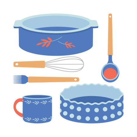 A set of kitchen utensils, a saucepan, a spoon, a mug, a whisk, a ladle, a bowl, a baking dish. Flat vector illustration isolated on white background.のイラスト素材