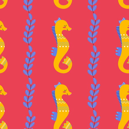 Pattern on a marine theme with seaweed, seahorse, ornament. Flat vector illustration.のイラスト素材