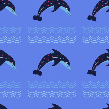 Pattern on a marine theme with dolphin, ornament. Flat vector illustration.のイラスト素材