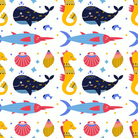 Pattern on a marine theme with fish, shell, rocks, seahorse, whale, swordfish, ornament. Flat vector illustration.のイラスト素材