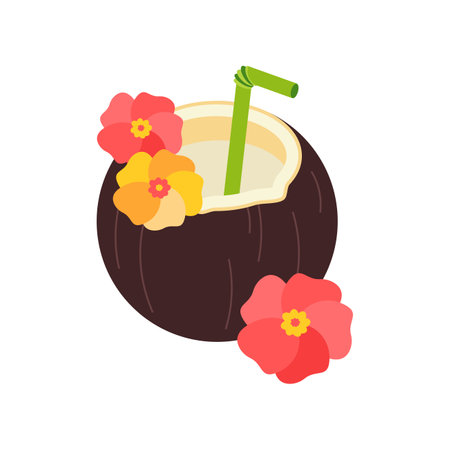 Cocktail in coconut. Beach set for summer trips. Vacation accessories for sea vacations. Flat vector illustration isolated on white background.のイラスト素材
