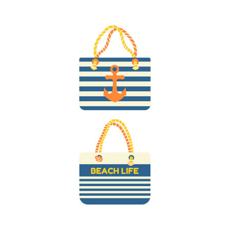 Beach bag in a stripe with an anchor. Beach set for summer trips. Vacation accessories for sea vacations. Flat vector illustration isolated on white background.のイラスト素材