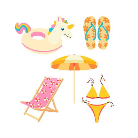 Inflatable circle in the shape of a unicorn, slippers, flip-flops, the swimsuit is separate, beach chair, sunbed, umbrella. Flat vector illustration isolated on white background.のイラスト素材