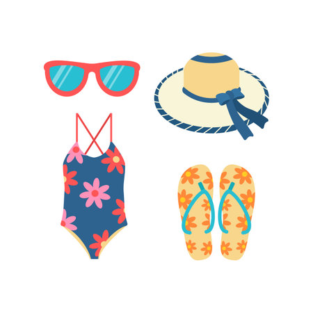 Hat, sunglasses, slippers, flip-flops, the swimsuit is compatible. Beach set for summer trips. Flat vector illustration isolated on white background.のイラスト素材