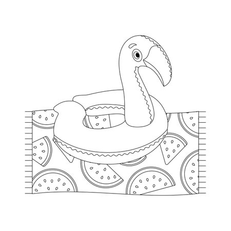 Beach set for summer trips. Towel, inflatable circle flamingo. Flat vector illustration isolated on white background. line art.のイラスト素材