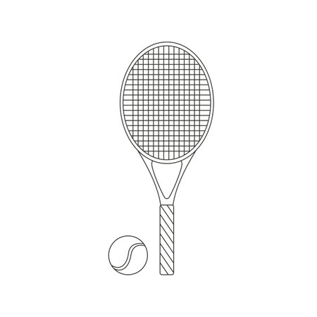 Racket and ball for big tennis. Various sports equipment. Fitness inventory, gym accessories. line art. Flat vector illustration isolated on white background.のイラスト素材