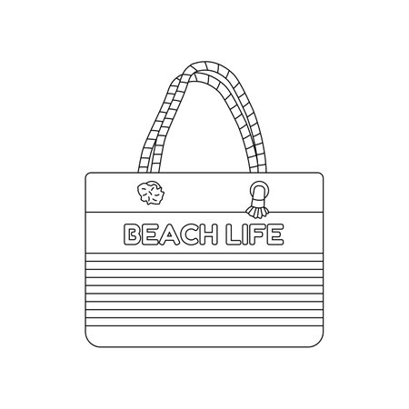 Beach bag in a stripe. Beach set for summer trips. Vacation accessories for sea vacations. Flat vector illustration isolated on white background. line art.のイラスト素材