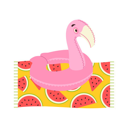 Beach set for summer trips. Towel, inflatable circle flamingo. Flat vector illustration isolated on white background.のイラスト素材