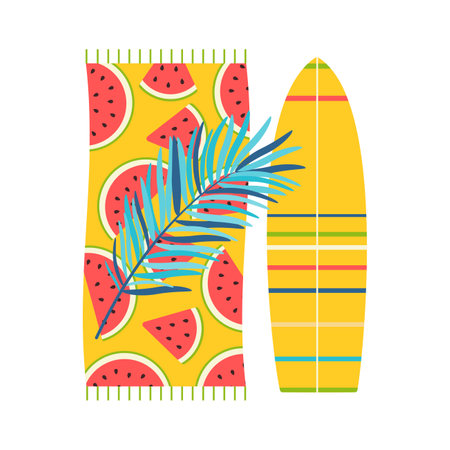 Beach set for summer trips. Towel, palm leaves, surfboard. Flat vector illustration isolated on white background.のイラスト素材