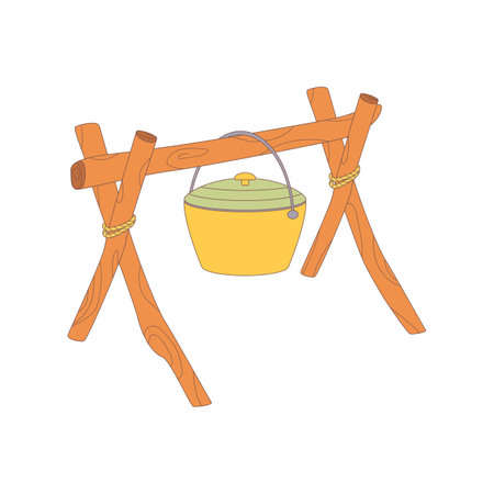 Cauldron. Drawn elements for camping and hiking. Wilderness survival, travel, hiking, outdoor recreation, tourism. Flat vector illustration isolated on white background.のイラスト素材