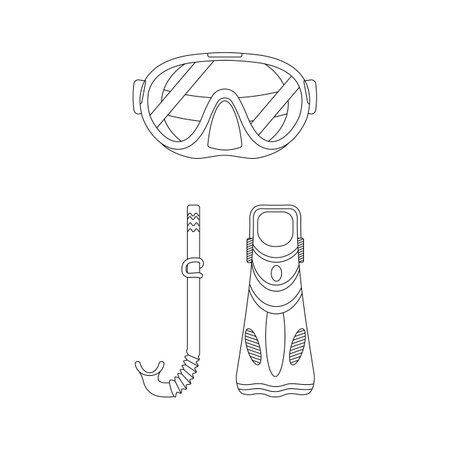Flippers, mask and tube for scuba diving, snorkeling. Beach set for summer trips. Vacation accessories for sea vacations. Flat vector illustration isolated on white background. line art.のイラスト素材